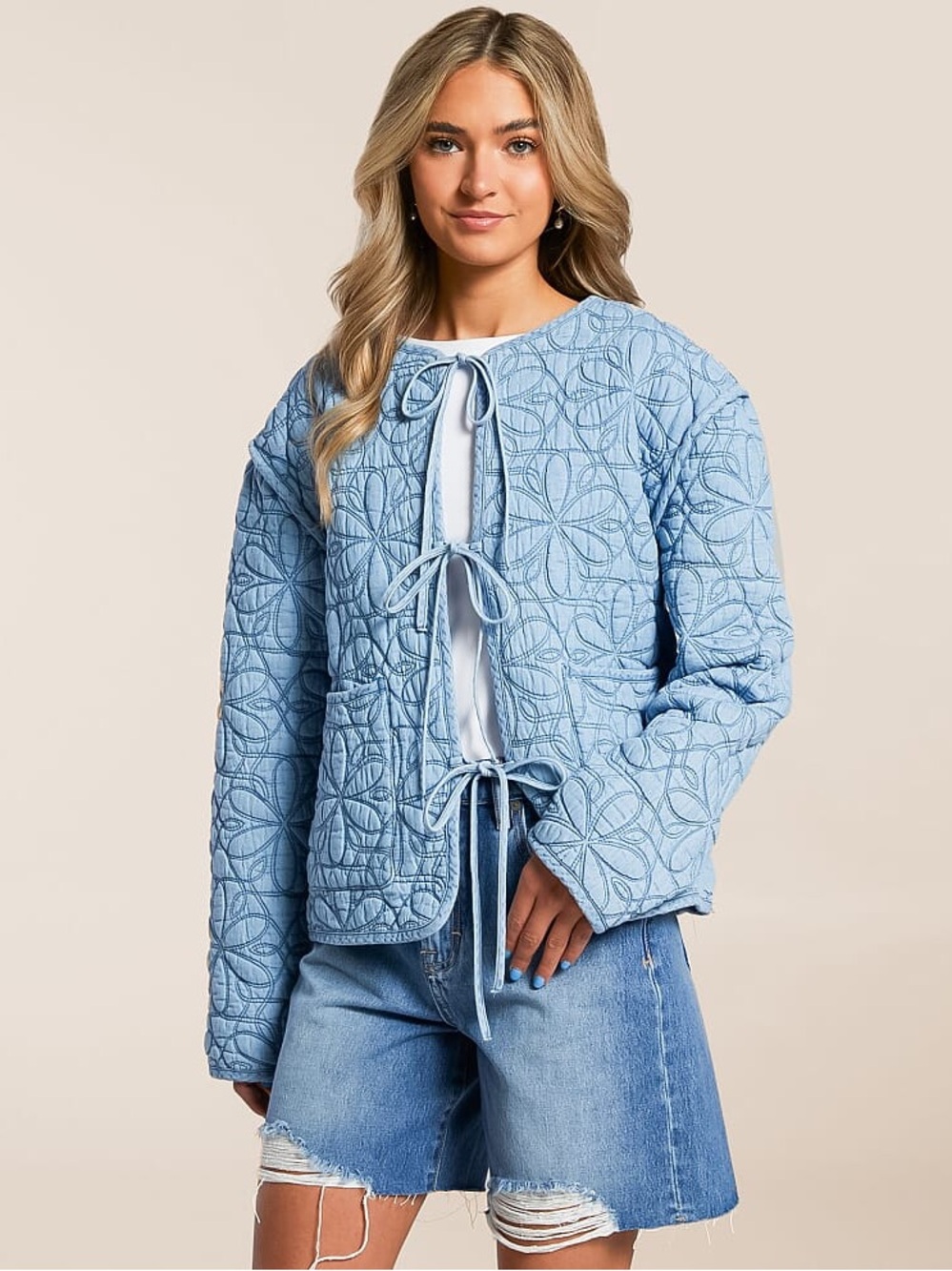 NWT C&C California Quilted Light Blue Tie-Front Jacket Size Large